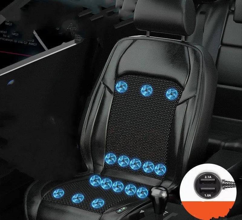 Black ventilated car seat cushion with multiple cooling fans, plugged into a 12V car socket.