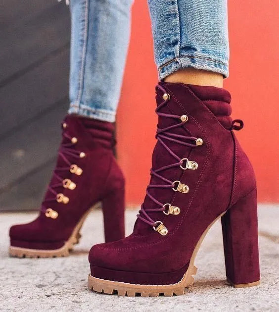Women's suede high heel ankle boots with waterproof platform in yellow, black, wine red, and army green colours