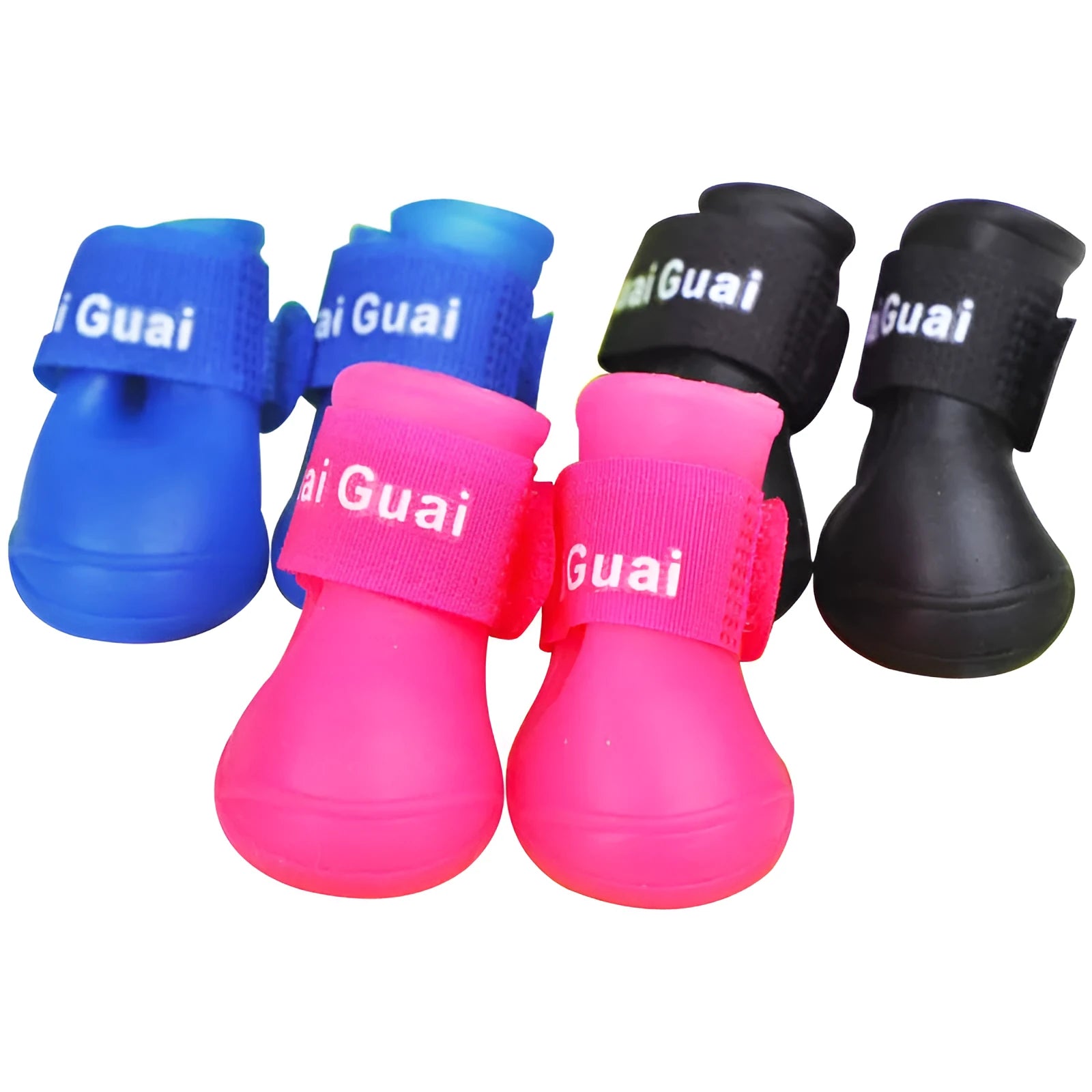 Soft silicone pet rain boots in royal blue and yellow, showing non-slip sole, for dogs size S M L