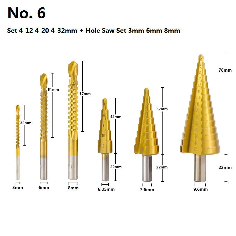 High speed steel cone drill bit punch set with centre punches including multiple step drill sizes