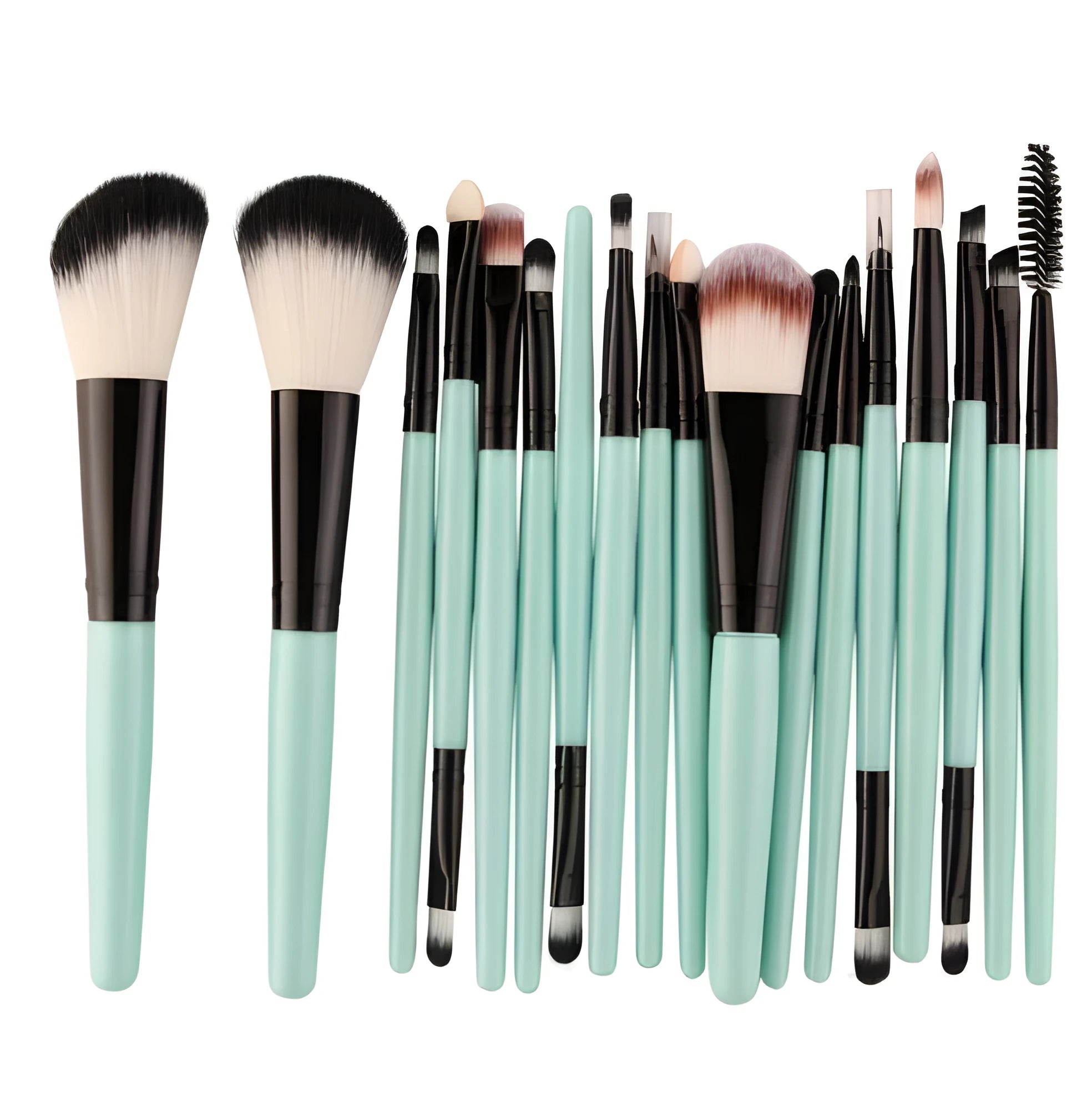 MAANGE 18-piece makeup brush set with fan-shaped cosmetic tools laid out on a table.