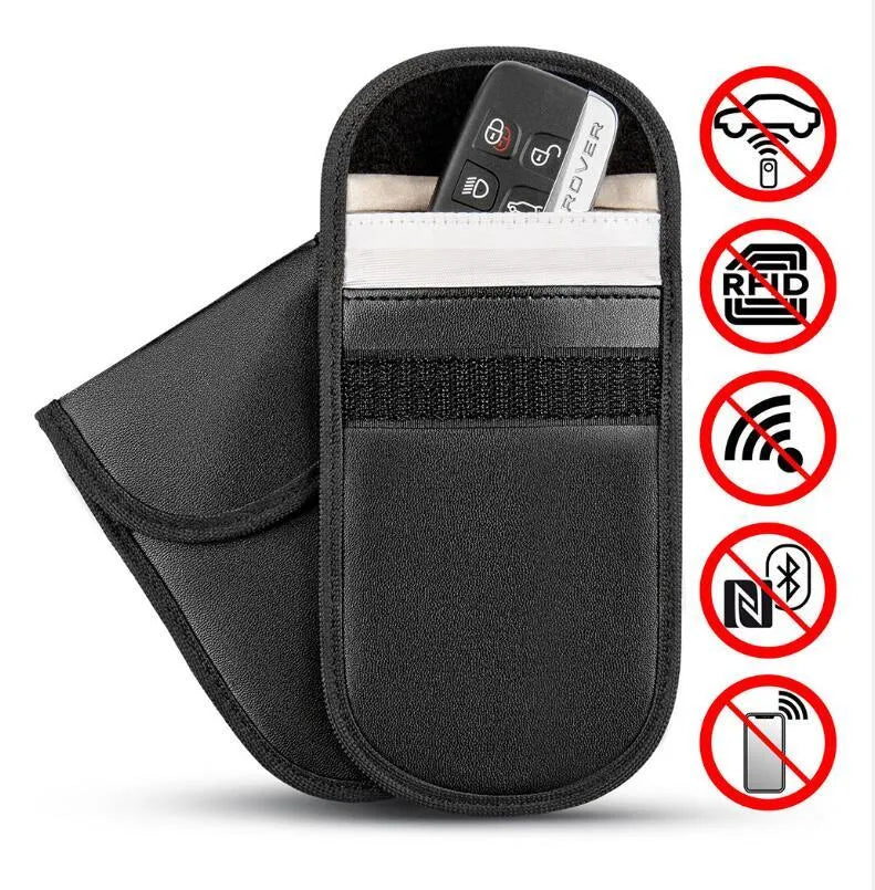 Black microfiber faraday cage signal blocking pouch for car keys and cards measuring 13.5 by 9.5 cm