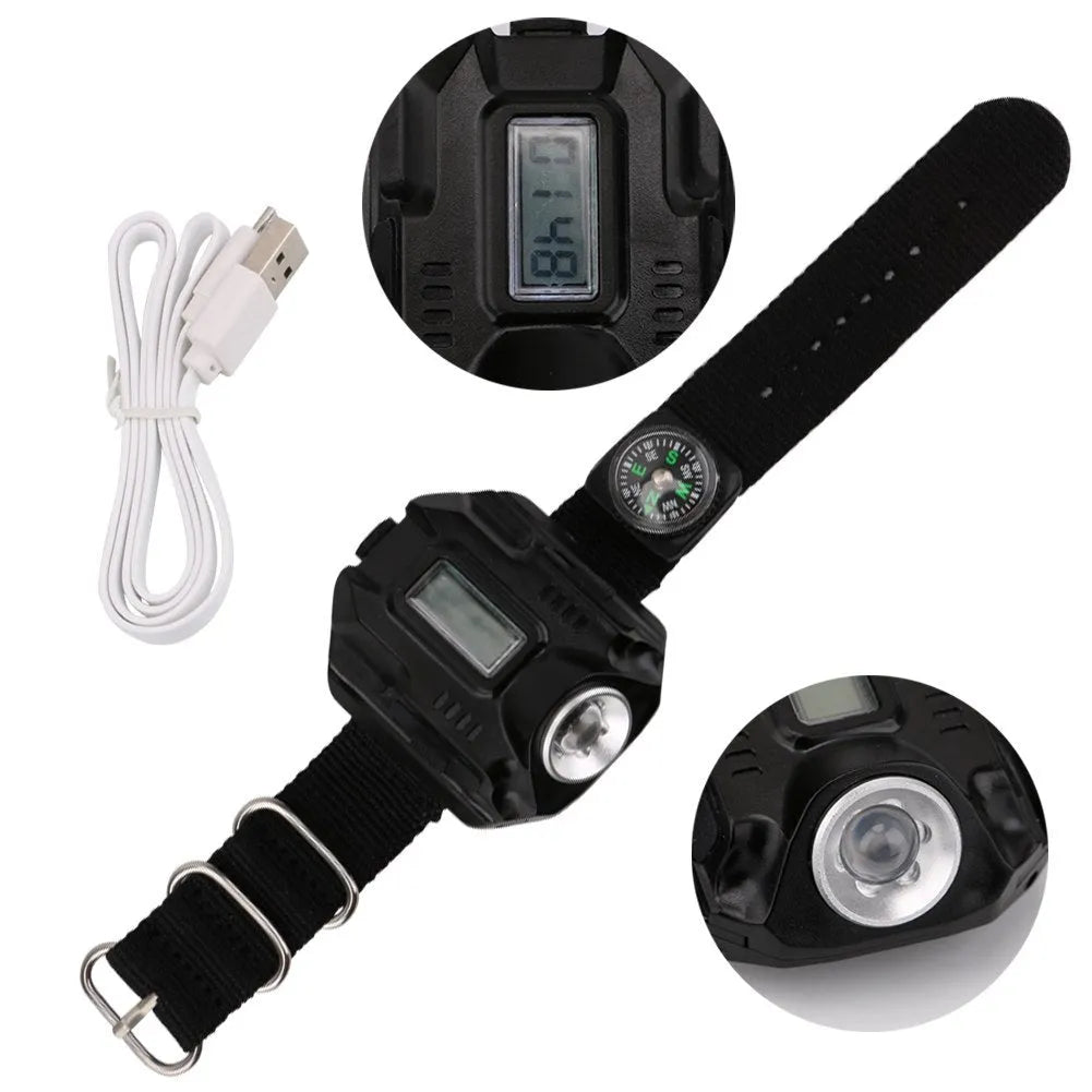 Black LED watch flashlight on wristband with compass and time display