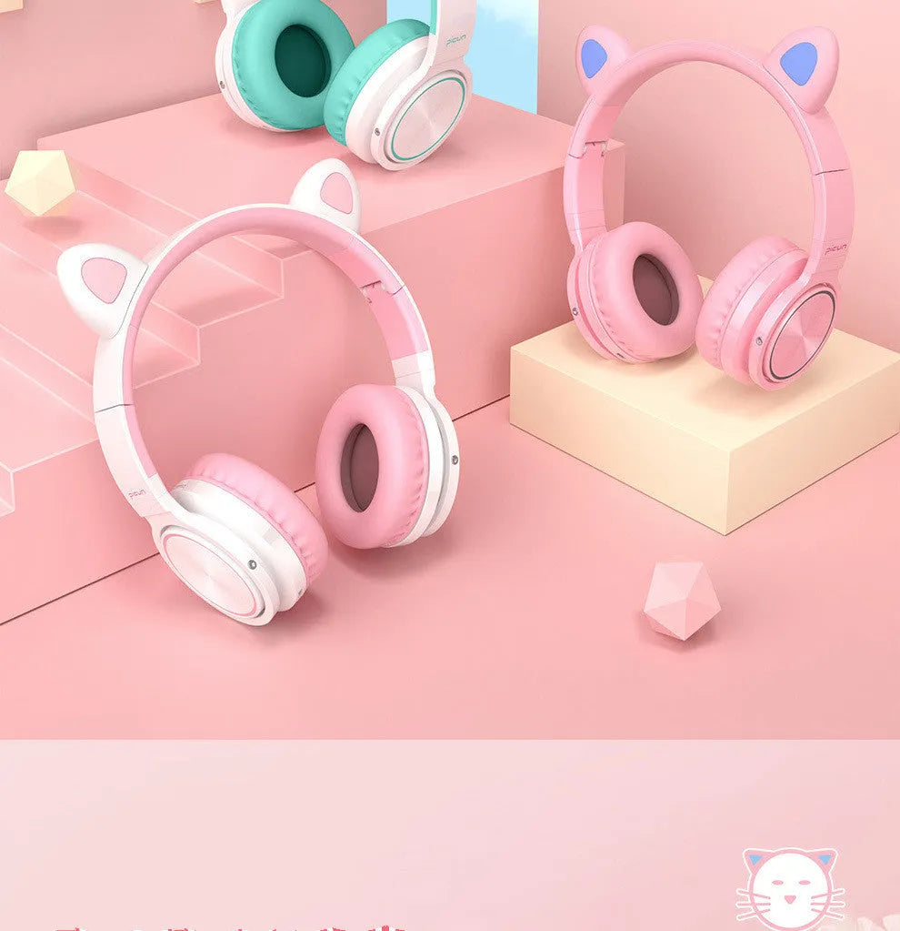 Pink white luminous Bluetooth wireless headset with 40mm speakers and braided cable