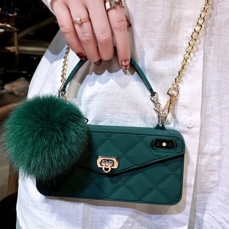 iPhone fluffy hairball plush phone case in dark green grid pattern made from flexible TPU material.