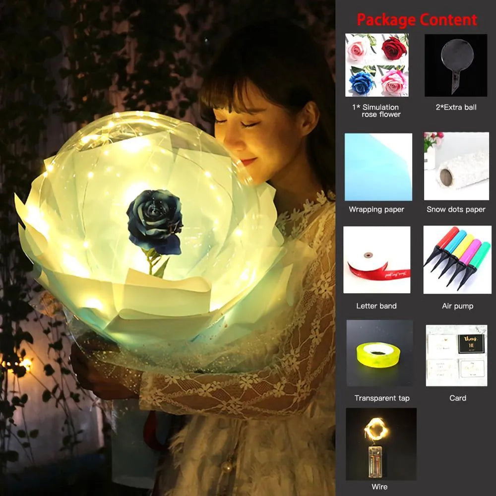 Transparent LED luminous DIY balloon rose bouquet with integrated lights for decoration.
