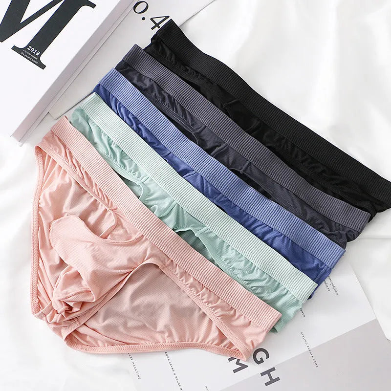 Men's Ice Silk low waist briefs underwear shown in multiple colours with size chart