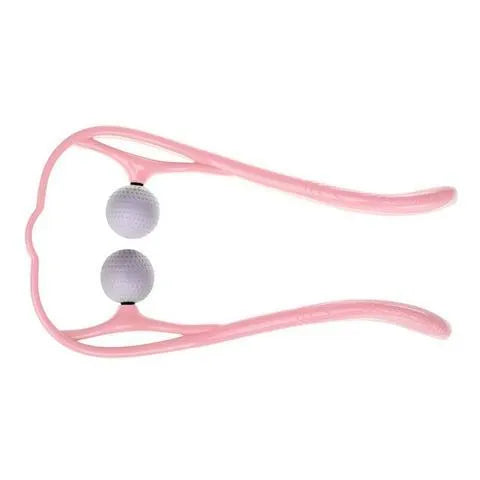 Blue plastic hand-held neck massager with adjustable rollers on a flexible stand.