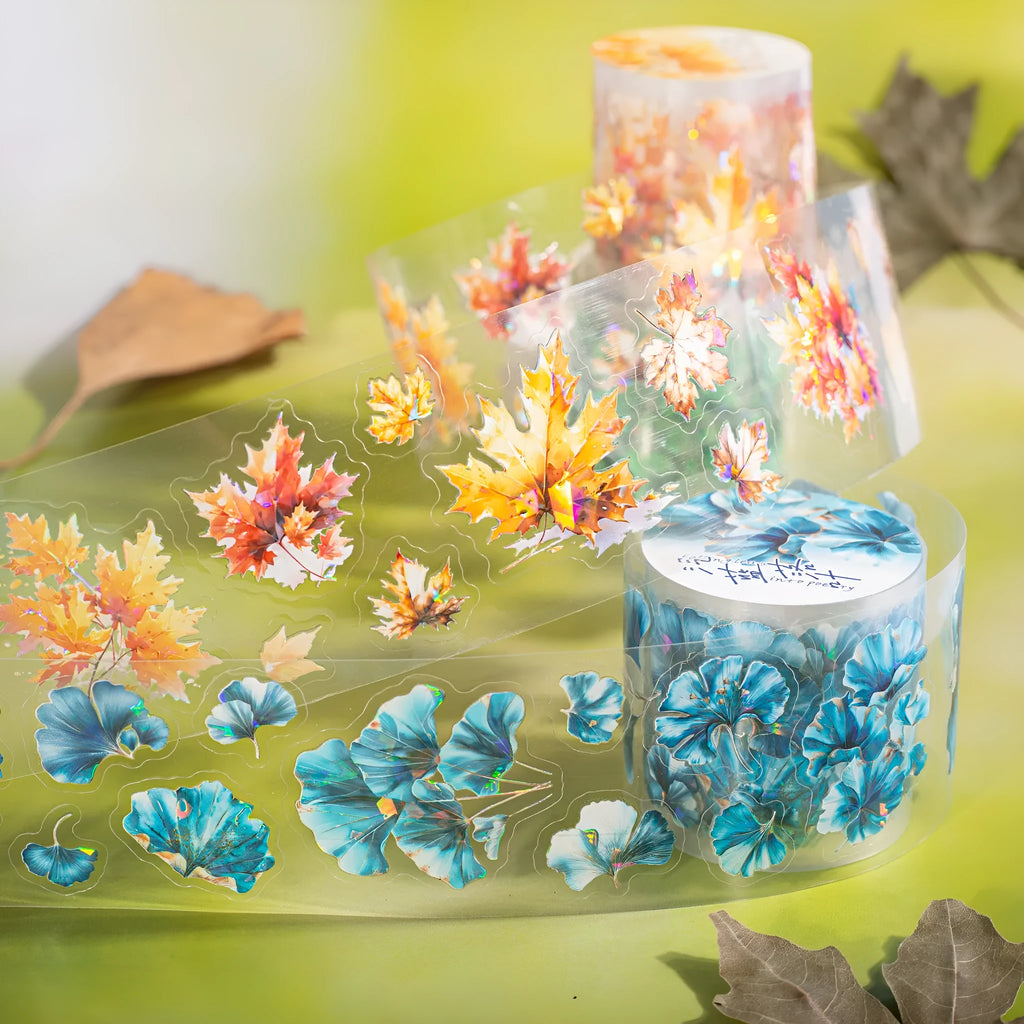 Roll of PET decorative stickers with six leaf patterns including ginkgo and maple designs for DIY projects