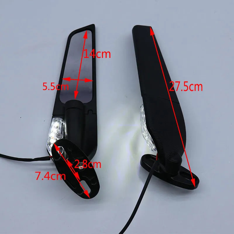 Pair of yellow aluminium motorcycle rearview mirrors with convex glass and integrated reflector lights