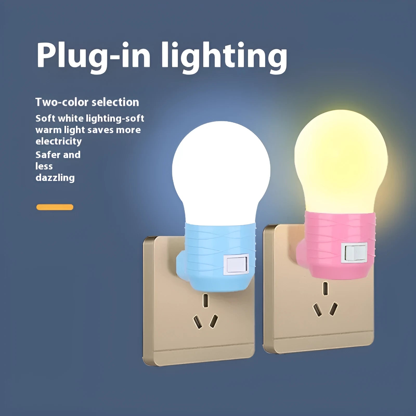 Plug-in bedside baby night light in white, blue, or pink shell on a nursery table.