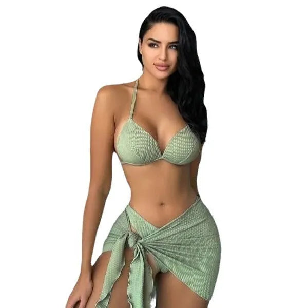 Women's three-piece swimsuit set with a split skirt in high elasticity polyester fabric