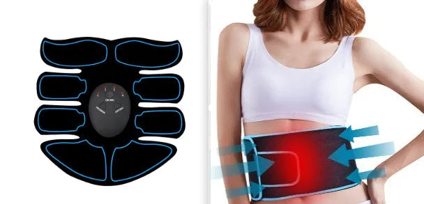 Abdominal muscle patch showing six electrode areas and digital display with charging port