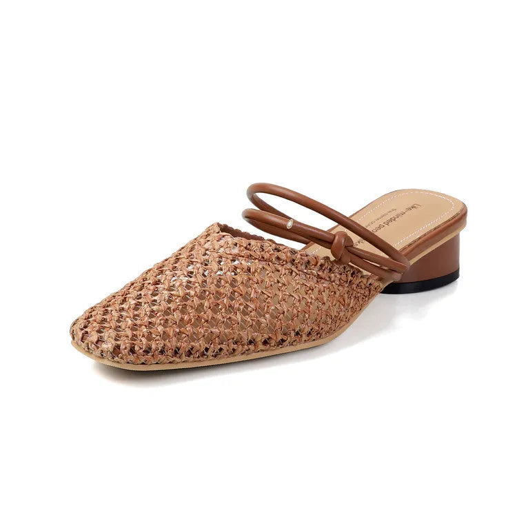 Women's French style square toe slippers with chunky heel in black, white and brown colour options