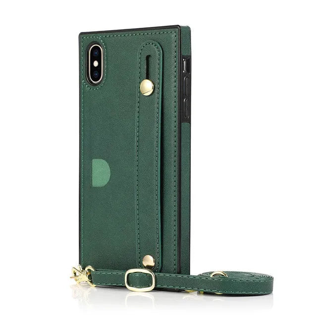 Leather iPhone case with card holder slot and wristband holster in multiple colour options