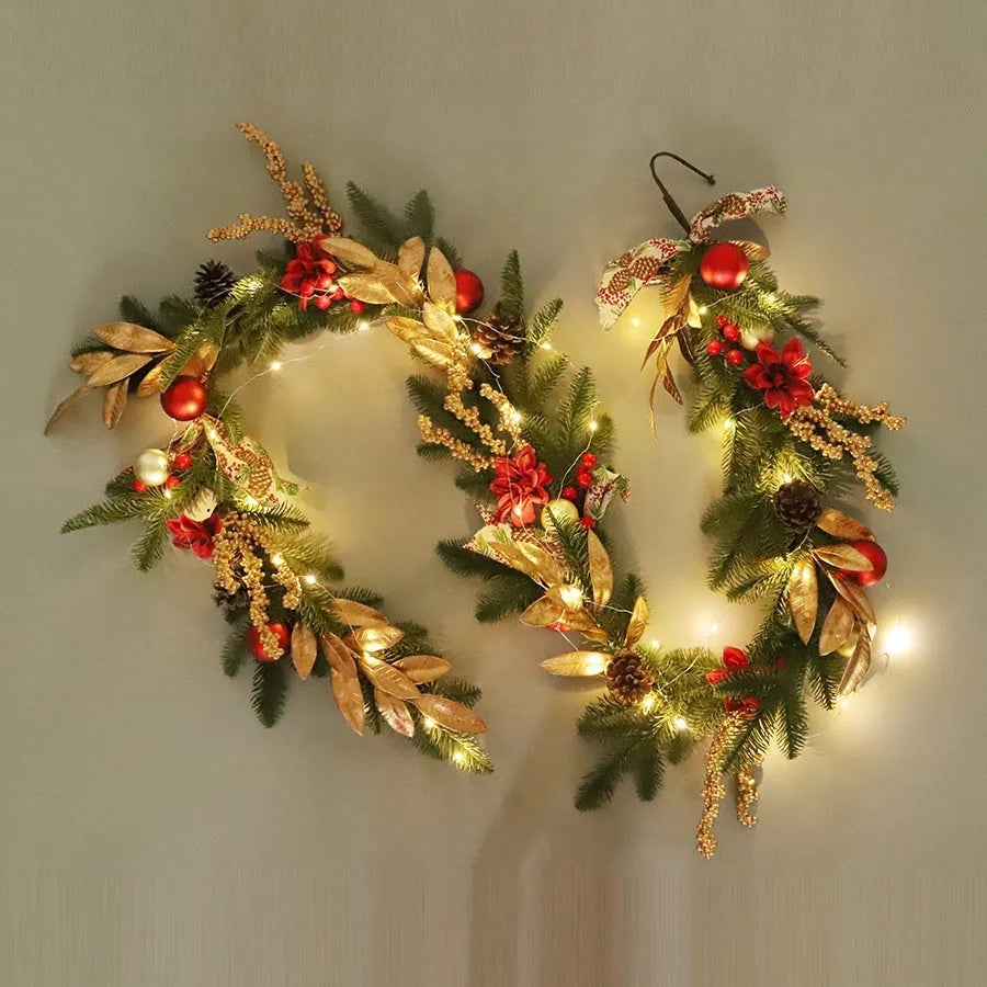 Plastic American country style Christmas garland with upside down ornaments, shown in stair wall hanging style.
