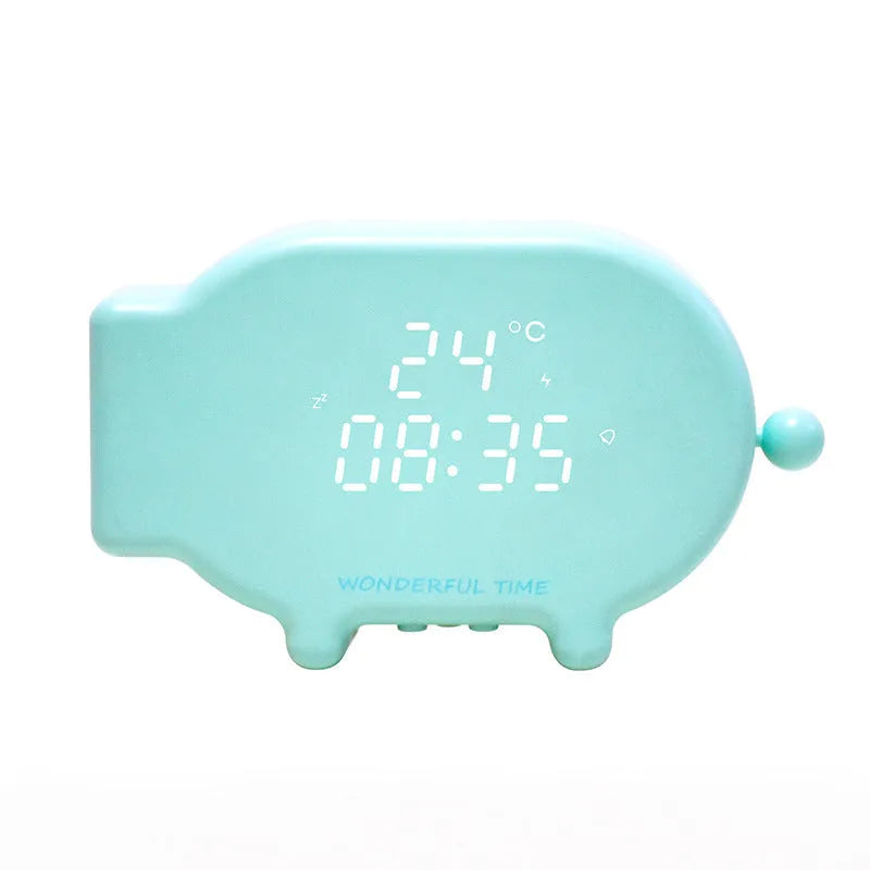 Multifunctional LED alarm clock with temperature display and USB charging port in blue or pink