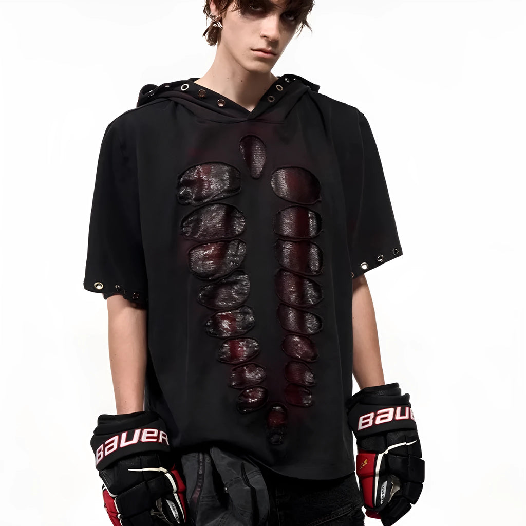 Black men's hooded t-shirt with sequin detail and short sleeves