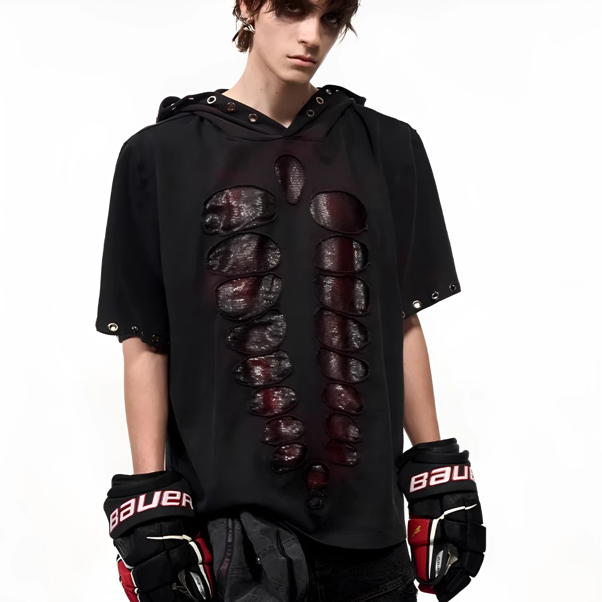 Black men's hooded t-shirt with sequin detail and short sleeves