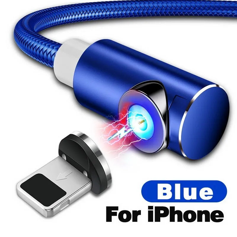 Black L-shaped magnetic charging cable with aluminium alloy housing and LED light, next to Micro USB, Type-C, and Lightning magnetic plugs.
