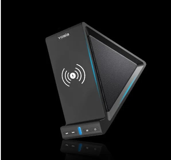 Black multifunctional Bluetooth speaker with integrated wireless charger and phone stand