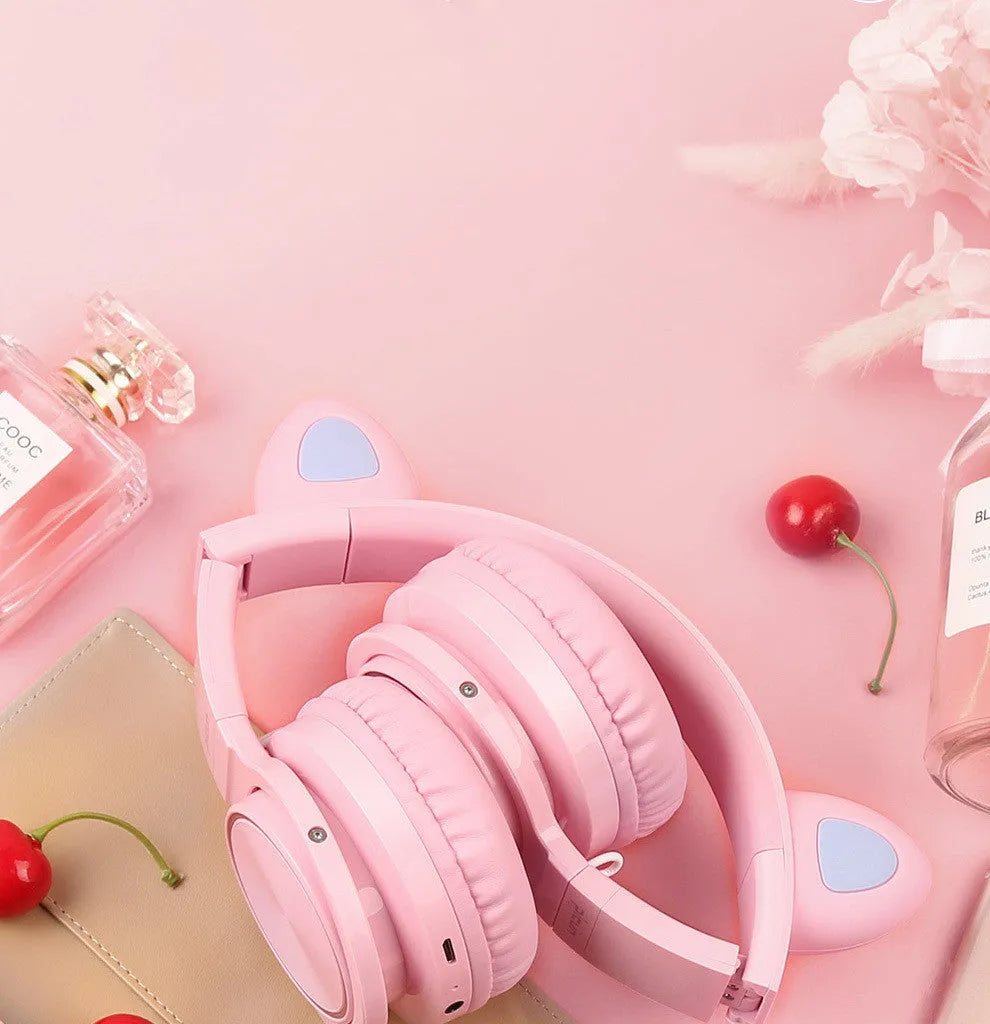 Pink white luminous Bluetooth wireless headset with 40mm speakers and braided cable