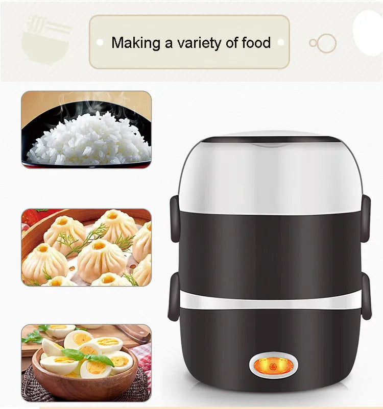 A compact cubic USB-powered lunch box showing two-layer and three-layer capacity options for portable food heating.