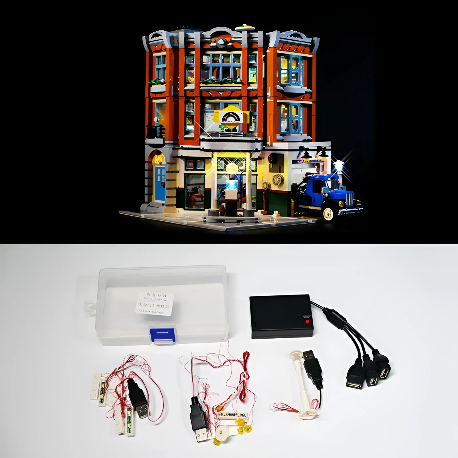 Plastic MOC model LED lighting accessory parts in a corner repair shop theme.