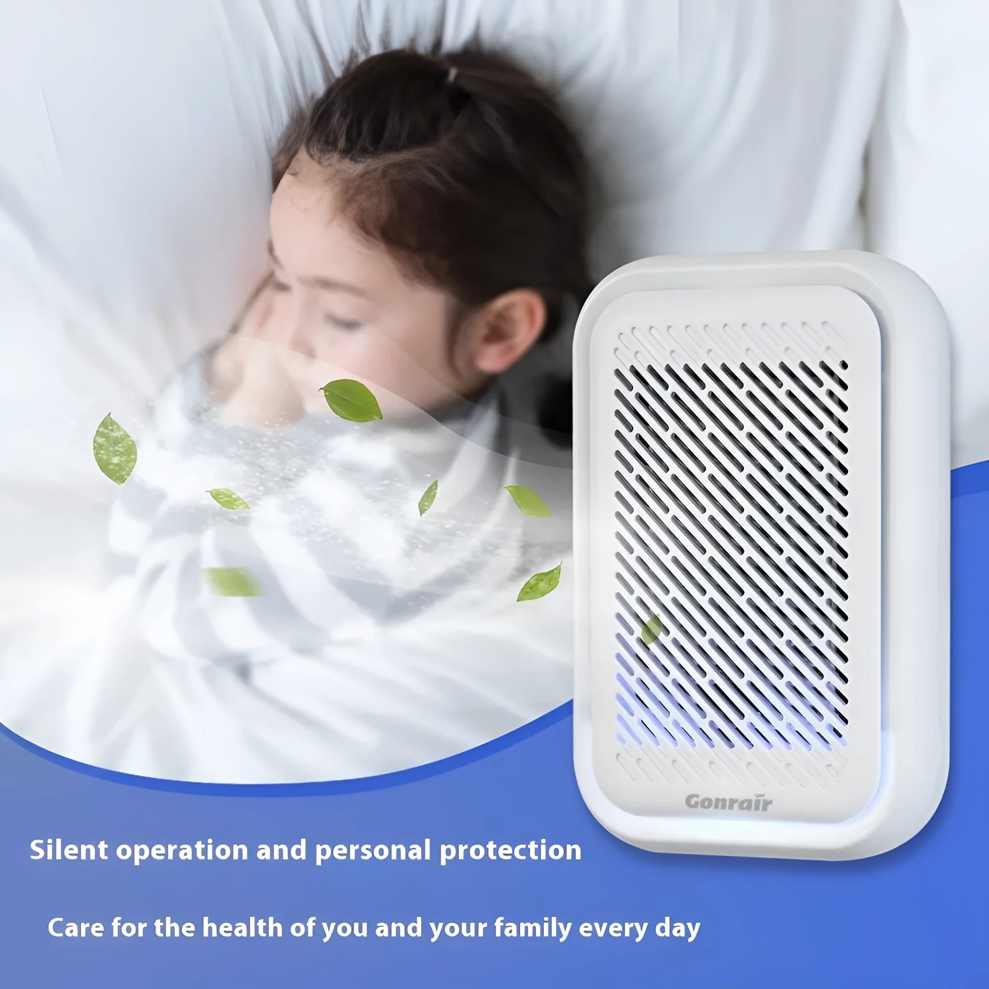 White wall-mounted plug-in air purifier with filter screen for small rooms.