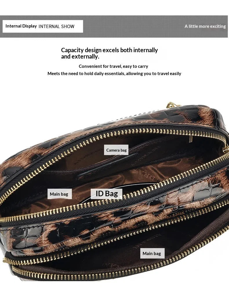 Leopard print crossbody phone bag with PU finish, zip pocket, and 120 cm shoulder strap on neutral background