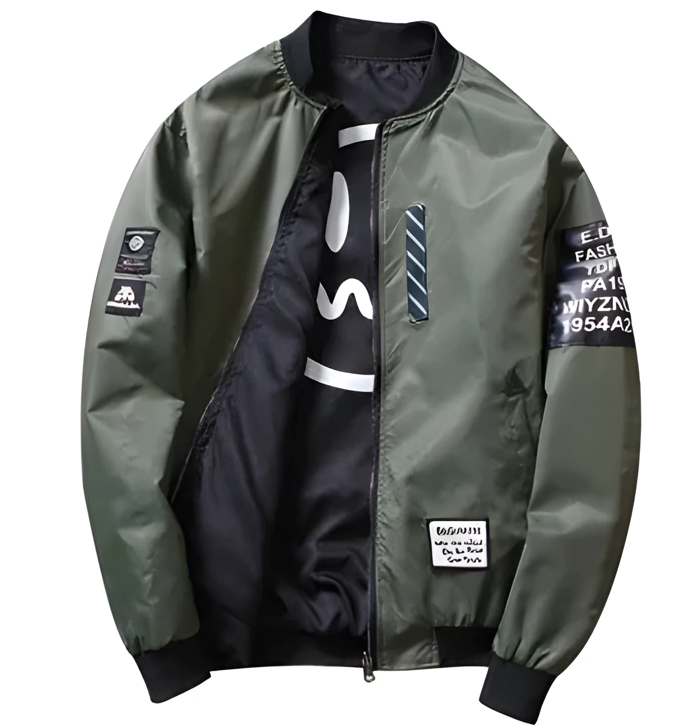 Men's reversible flight jacket showing stripe pattern on both sides, zipper closure, and no-collar design