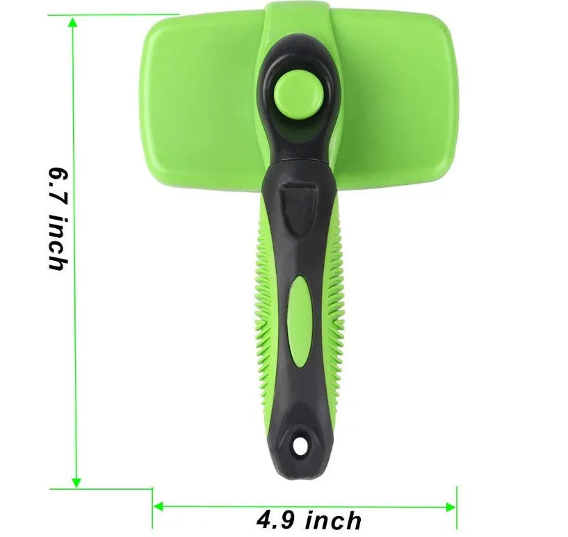 Pet self-cleaning slicker brush with stainless steel needles, green handle, on white background