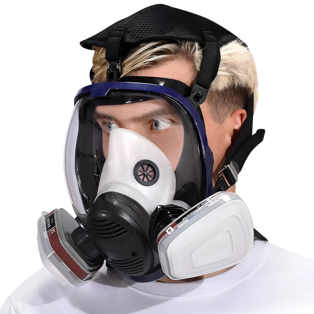 Blue edge spherical full-face gas mask with trapezoidal canister and activated carbon filtration system
