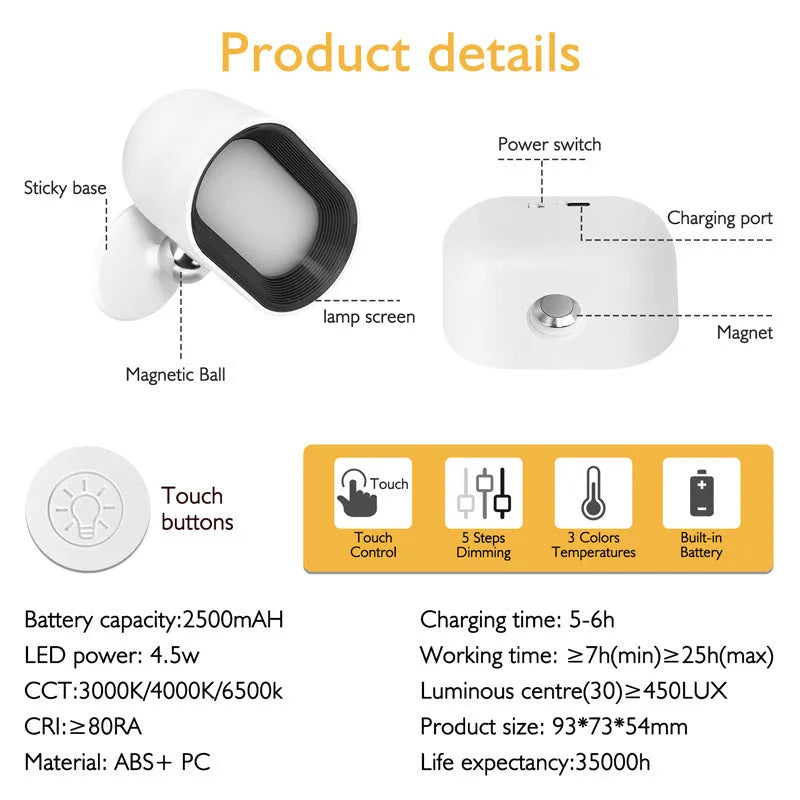 White modern remote control magnetic wall lamp with touch panel, shown with remote, mounted on a wall.