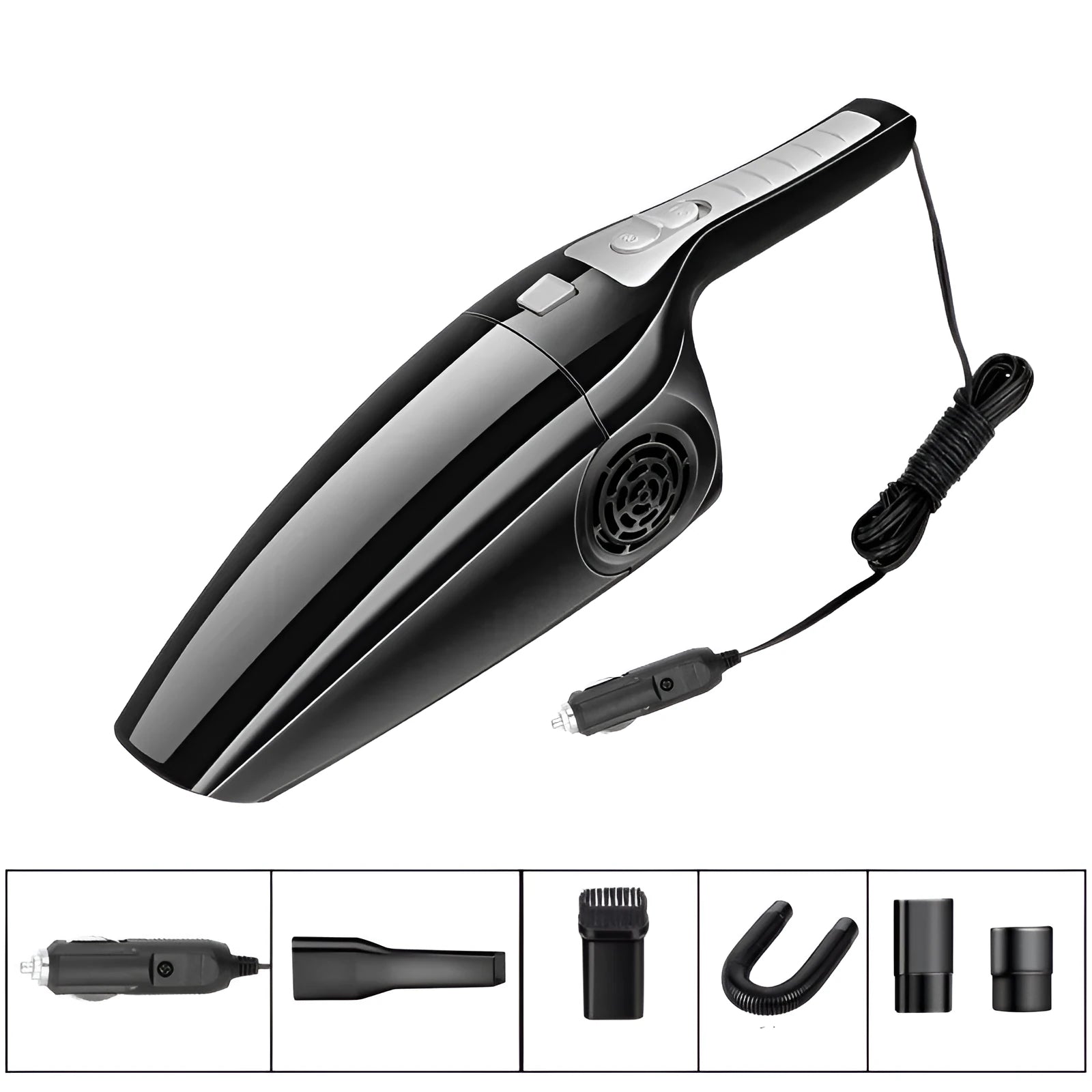 Black and orange 12V car vacuum cleaner with cigarette lighter plug
