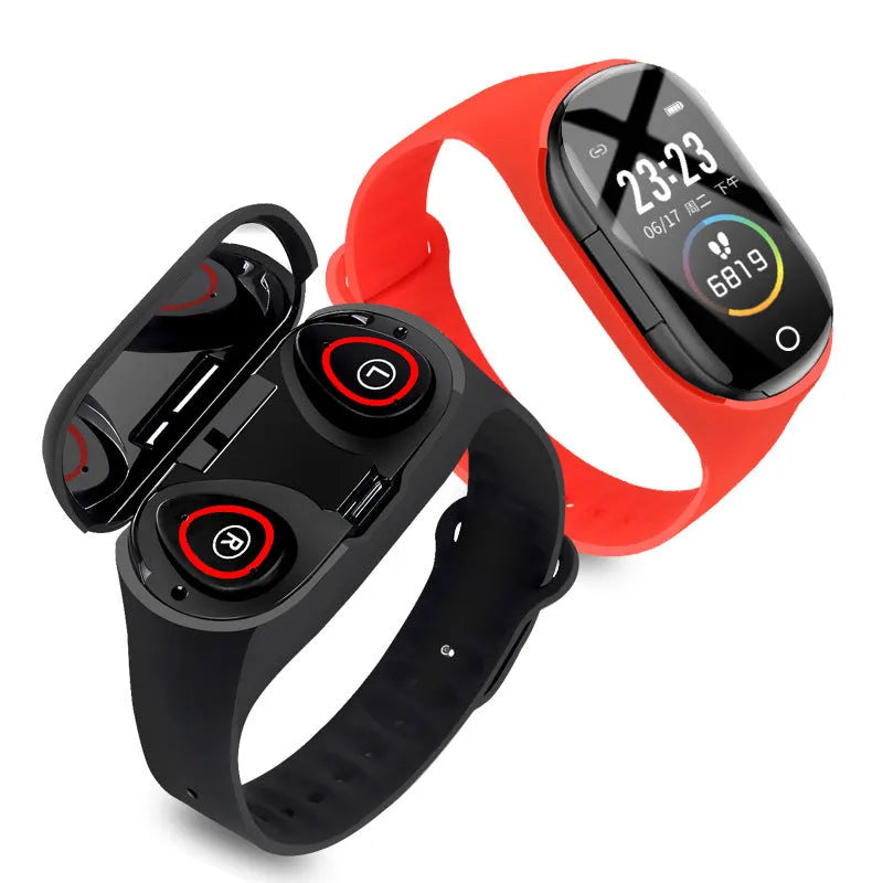 Smart bracelet with integrated earphones on silicone wristband showing 1-inch screen, in black colour