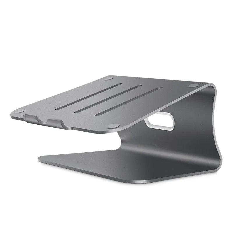 Aluminium alloy rotary laptop cooling stand with strip heat dissipation fins in grey or silver.