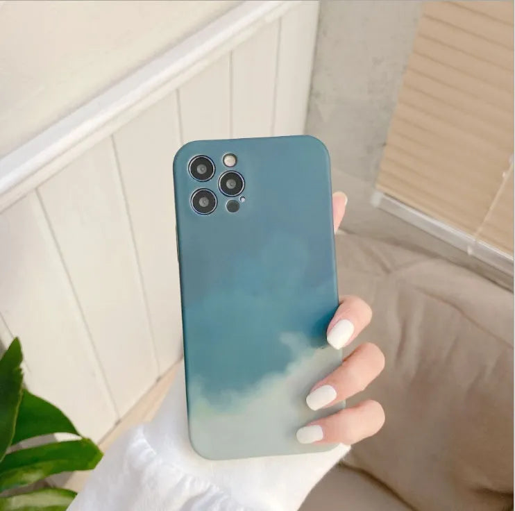Soft silicone iPhone case with blue and purple geometric gradient abstract pattern.