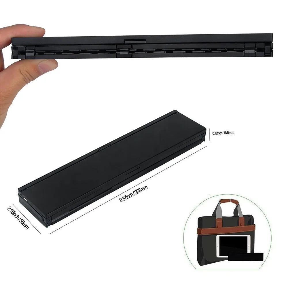 Black foldable Bluetooth keyboard shown alongside tablet demonstrating portable design