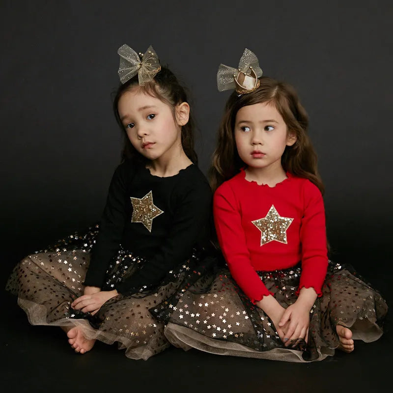 Children's long sleeve cotton Christmas princess dress in red with lace and bow details