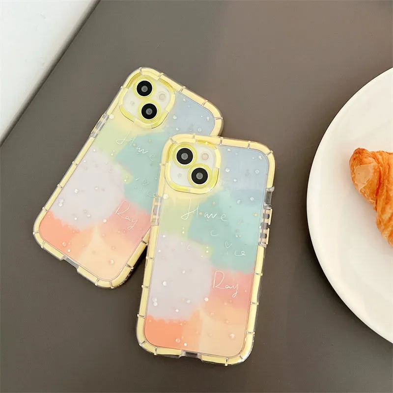 Minimalist contrast colour silicone iPhone case with yellow edge showing front and back views