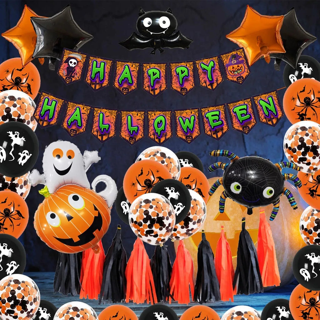 Halloween balloon combo set with skull and pumpkin designs in white and black colours for spider balloon arch