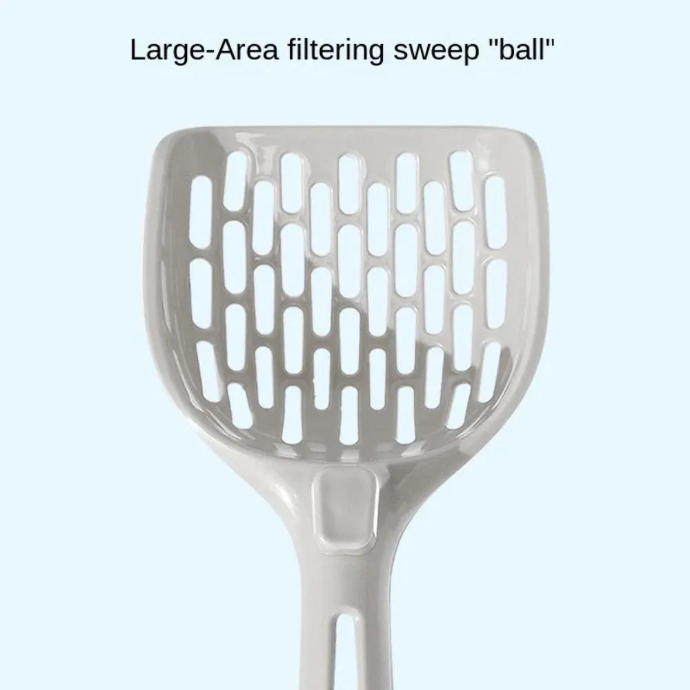 Grey plastic cat litter scoop with cleaning comb and separate storage base