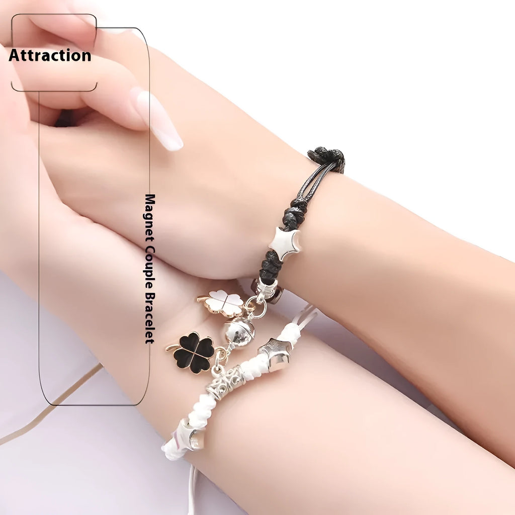 Magnetic couple bracelet pair with alloy electroplating in various designs including clover and crown patterns