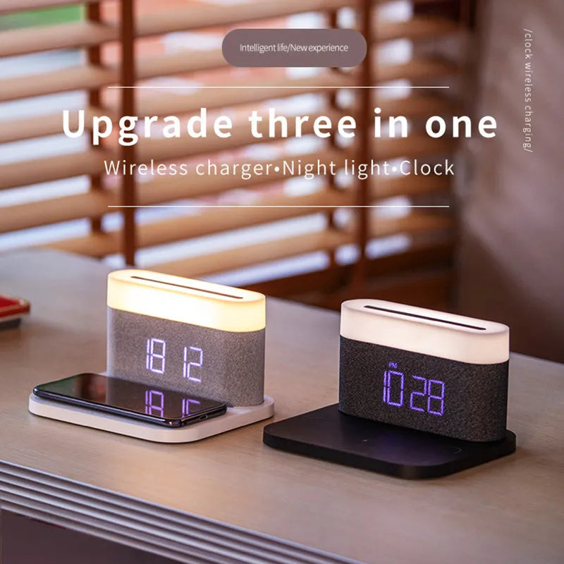 Black wireless charging desk clock with LED display and night light on wooden surface