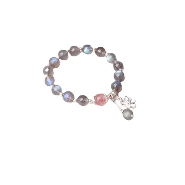 Women's moonstone bracelet with 7.5mm grey stone, red quartz accents and sterling silver