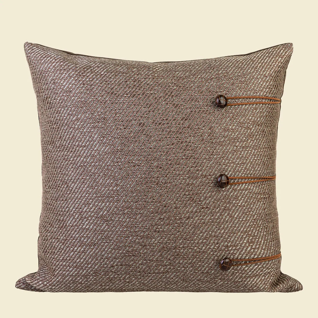 Chinese ancient style square sofa cushion with geometric pattern in brown Maillard colours, 45cm.