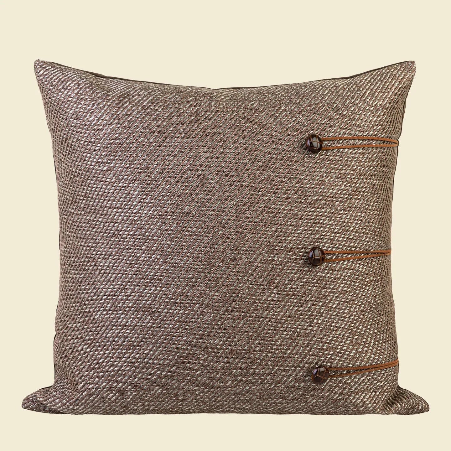 Chinese ancient style square sofa cushion with geometric pattern in brown Maillard colours, 45cm.