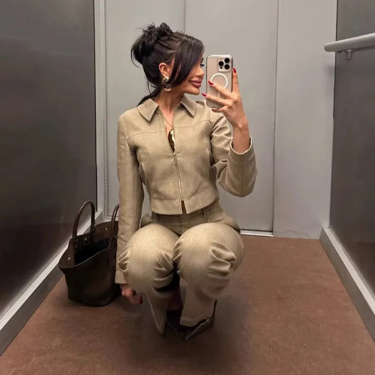 Women's summer casual herringbone pattern suit set with 3D embroidery showing jacket and trousers