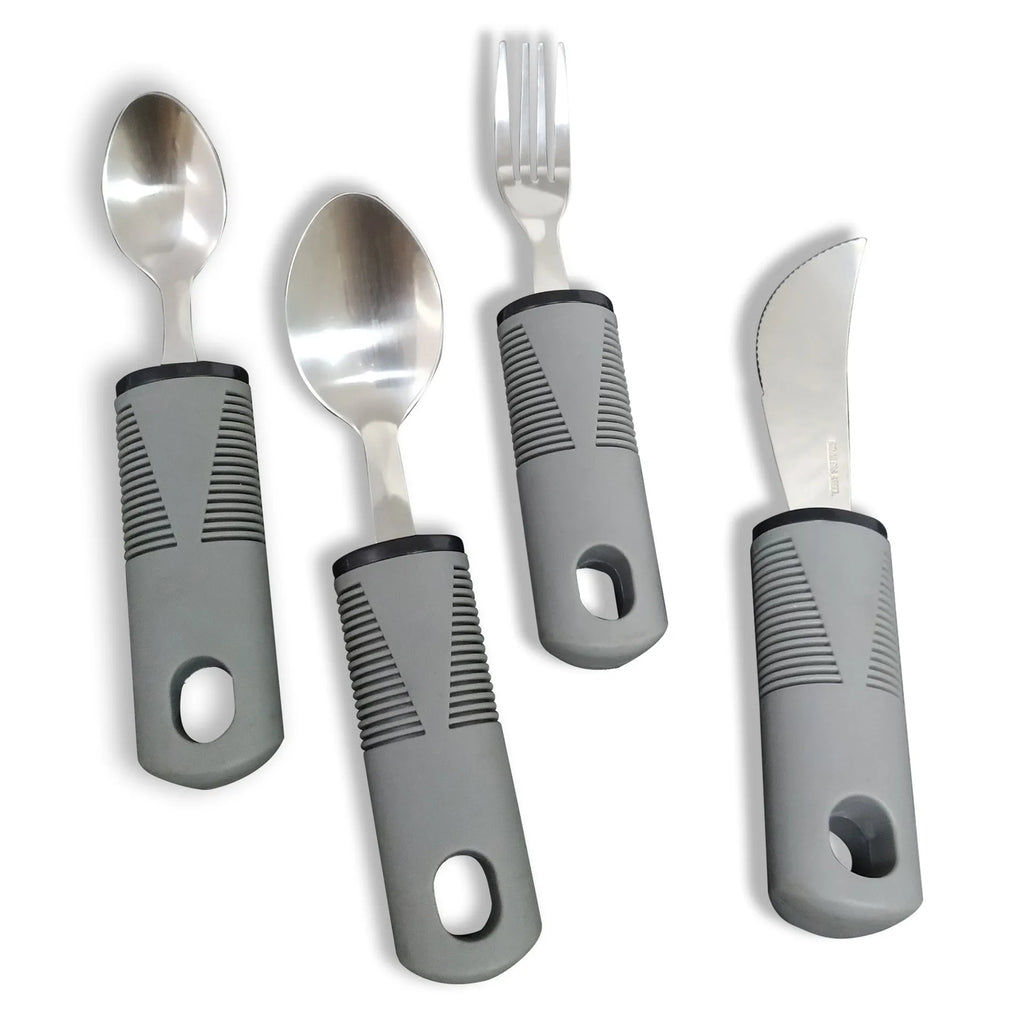 Stainless steel adaptive eating utensils with rubber anti-shake handles for elderly dining assistance